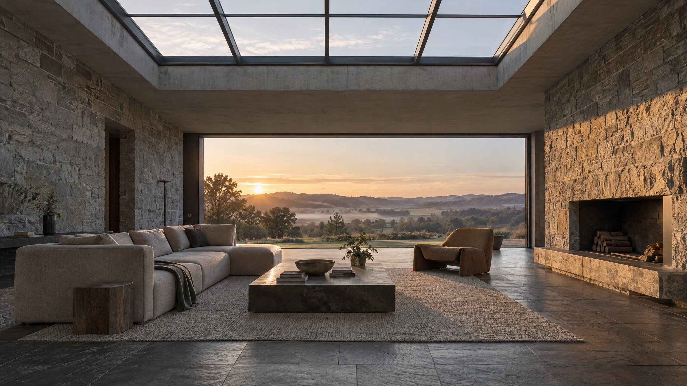 A stone and slate living room under a large skylight, opening onto misty countryside at sunrise