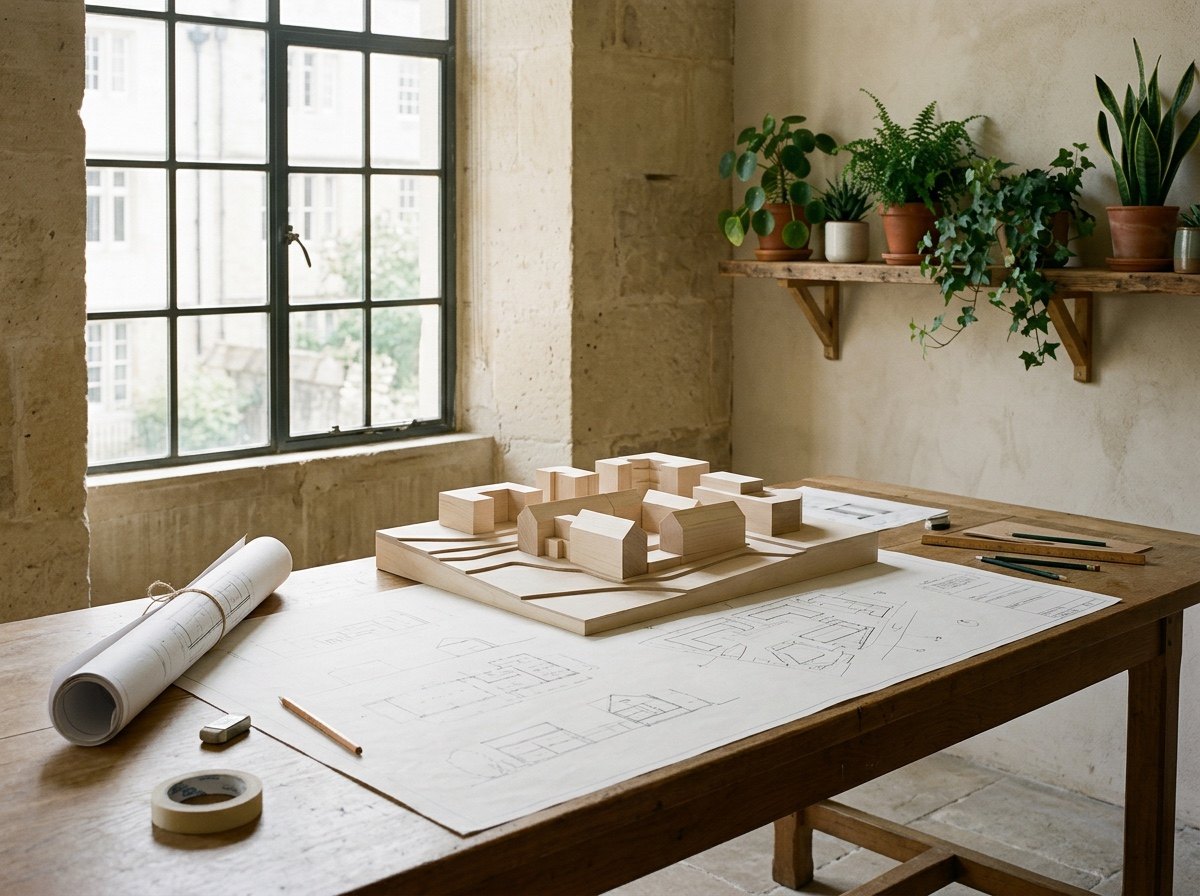 Architectural drawings and a timber model on an oak table in daylight