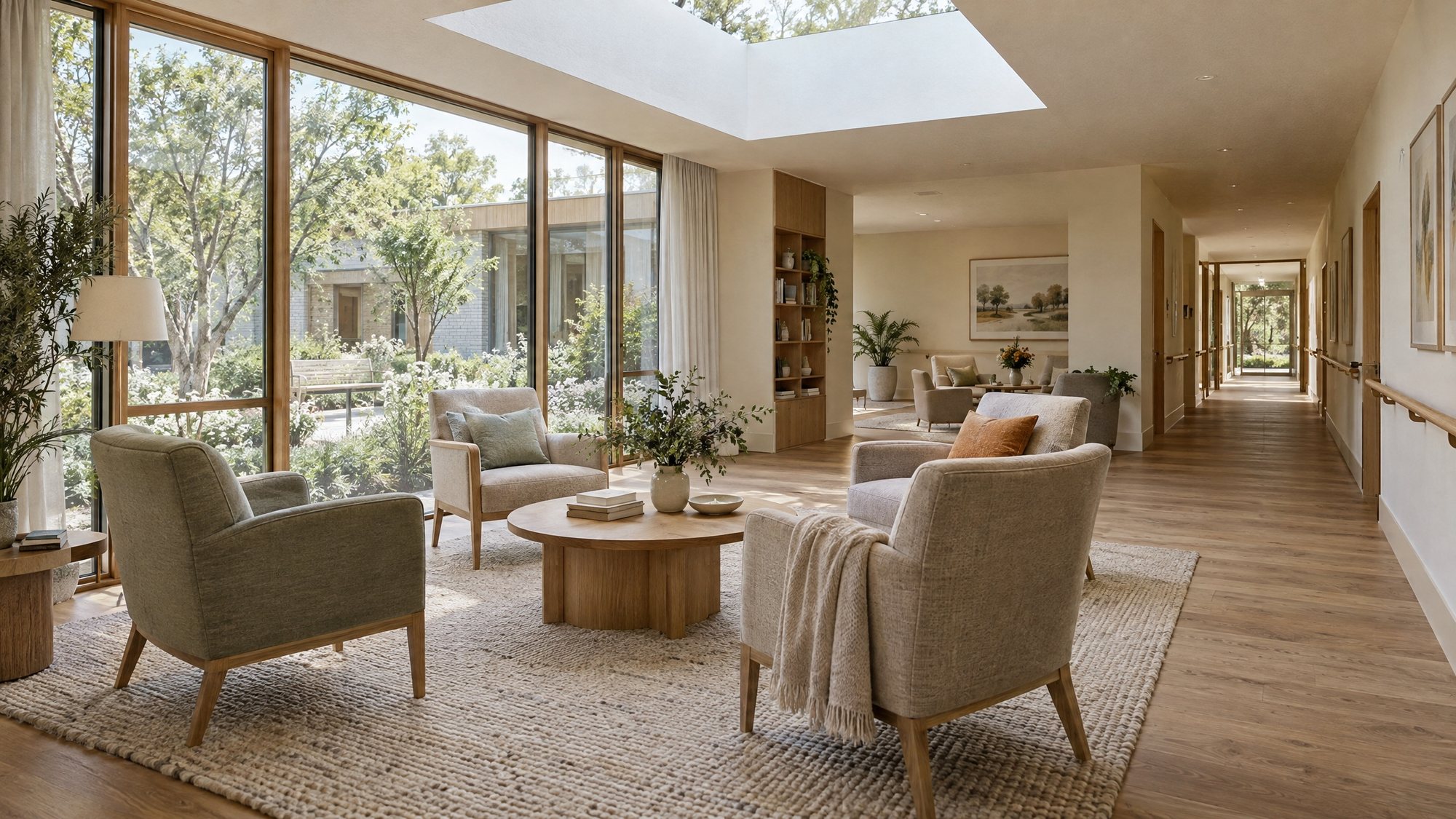 Light-filled day room in an aged care residence