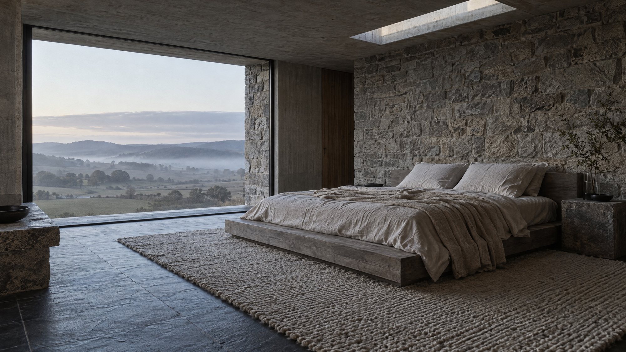 Stone bedroom at dawn overlooking misty countryside