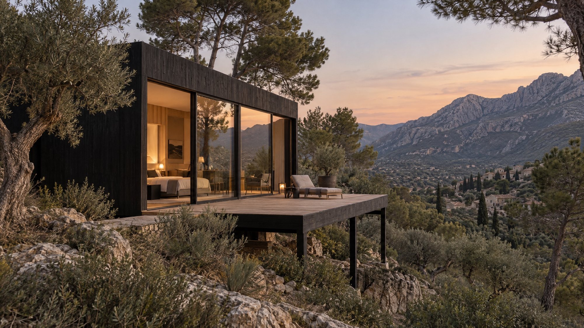 Black timber hotel suite on a Mediterranean hillside at dusk