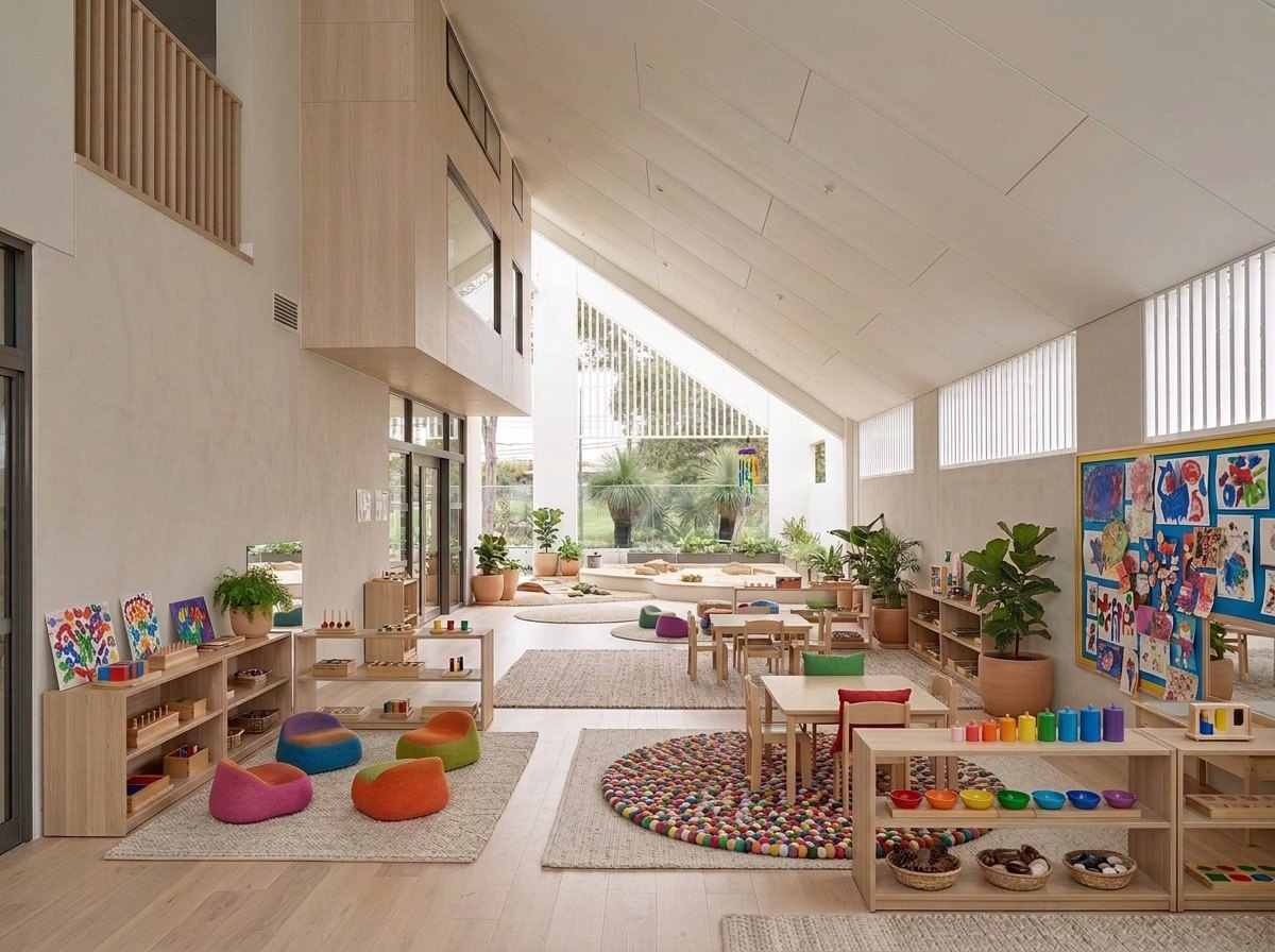 Bright early learning playroom with timber shelves