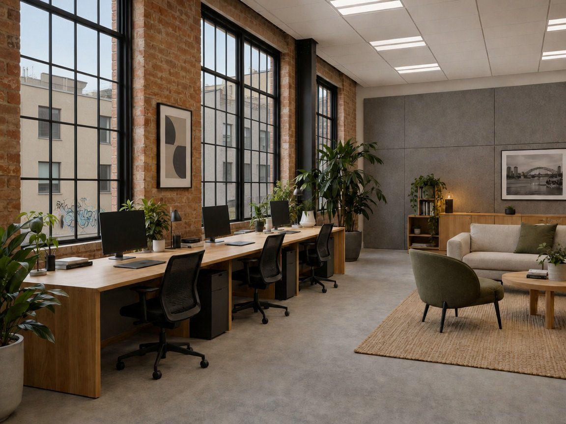 Studio office with oak desks and tall windows